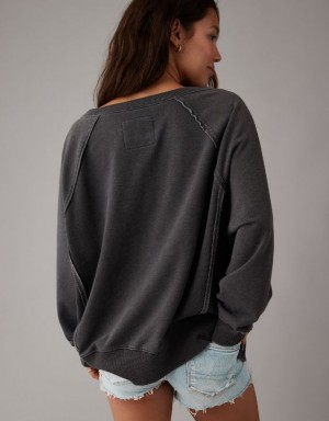 Aerie Big Hug Oversized Notch Neck Sweatshirts Black | BAW-619058