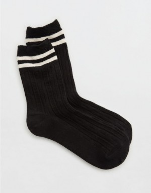 Aerie Cable Stripe Crew Socks Black | TFK-708963