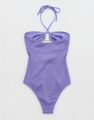 Aerie Crinkle Bandeau One Piece Swimsuits Purple | BXI-285094