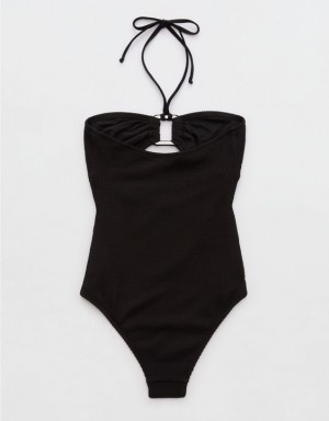 Aerie Crinkle Bandeau One Piece Swimsuits Black | GWT-924638