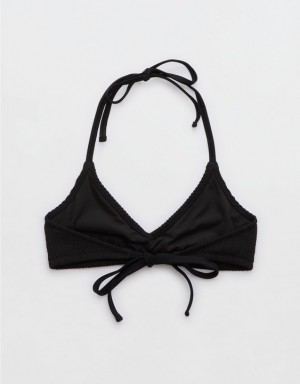 Aerie Crinkle Halter Voop Bikini Top Black | KAR-065327