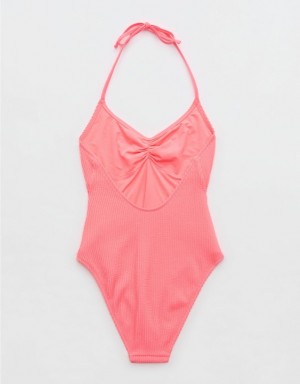 Aerie Crinkle Halter Voop One Piece Swimsuits Coral / Orange | ZIC-497183