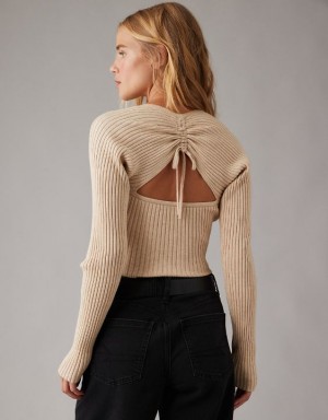 Aerie Cropped Ruched Sweater Beige | ARJ-905142