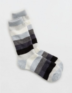 Aerie Fuzzy Striped Crew Socks White / Black / Grey | PCT-145730