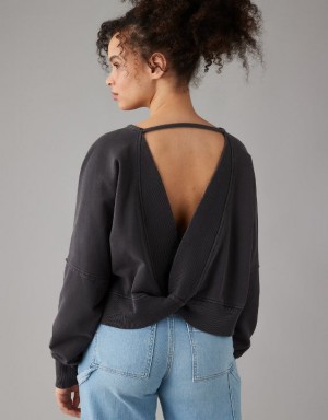 Aerie Long-Sleeve Cropped Twist-Back Sweatshirts Black | IUS-291458