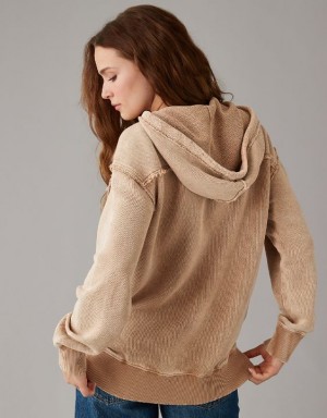 Aerie Oversized Washed Zip-Up Hoodie Brown | XPQ-643091