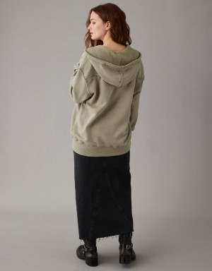 Aerie Oversized Washed Zip-Up Hoodie Olive | IFU-206985