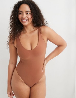 Aerie SMOOTHEZ Plunge Bodysuit Brown | WET-318647