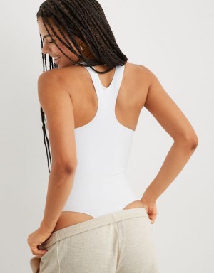 Aerie SMOOTHEZ Racerback Bodysuit White | KCG-584362