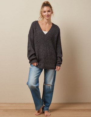 Aerie Whoa So Cozy Waffle V-Neck Sweater Grey | QGJ-703985