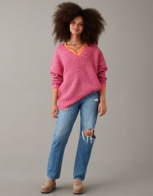 Aerie Whoa So Cozy Waffle V-Neck Sweater Pink | SUP-196847