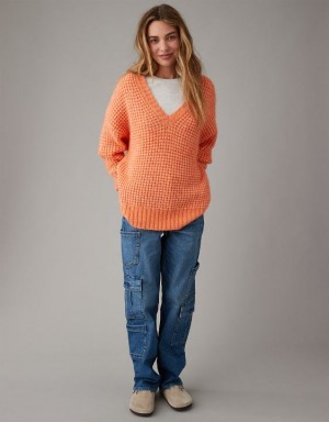 Aerie Whoa So Cozy Waffle V-Neck Sweater Orange | BPF-847913