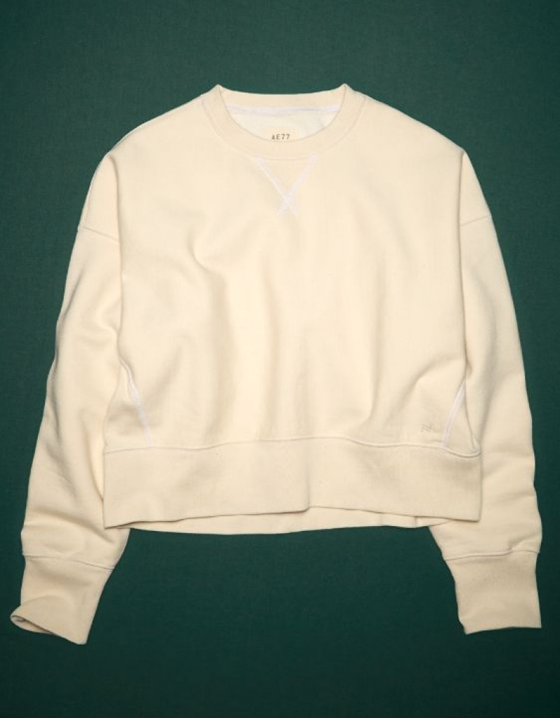 Aerie 77 Premium Cropped Fleece Crewneck Sweatshirts Beige | XBU-549826