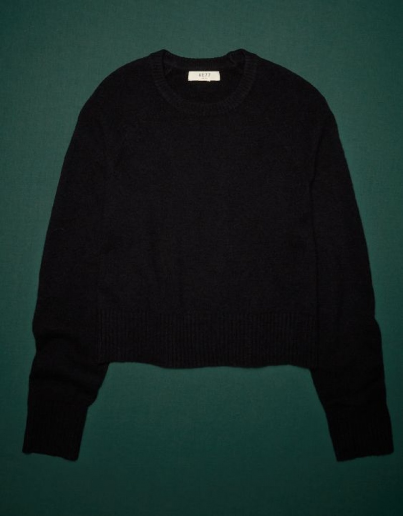 Aerie AE77 Premium Oversized Cropped Cashmere Sweater Black | QMS-624195