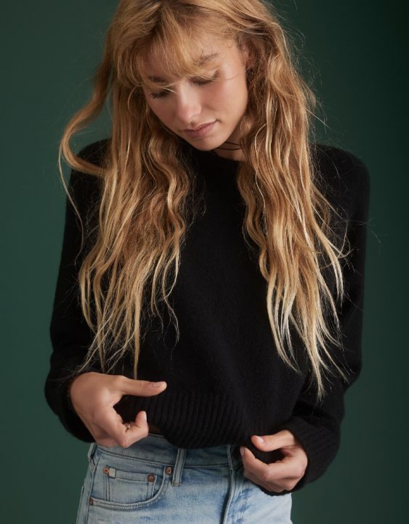 Aerie AE77 Premium Oversized Cropped Cashmere Sweater Black | QMS-624195