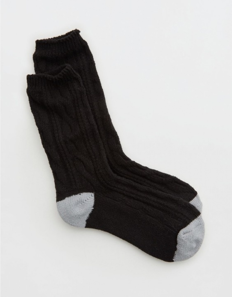 Aerie Cable Crew Socks Black | JIT-329701