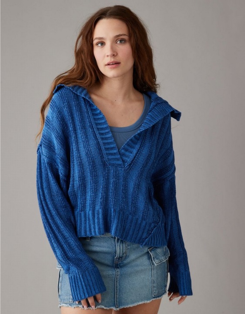 Aerie Collared Pullover Sweater Blue | DNF-573981