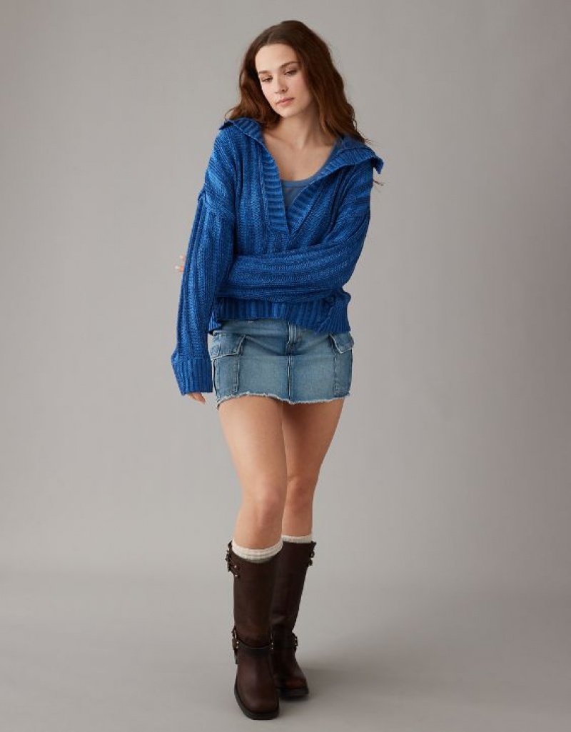 Aerie Collared Pullover Sweater Blue | DNF-573981