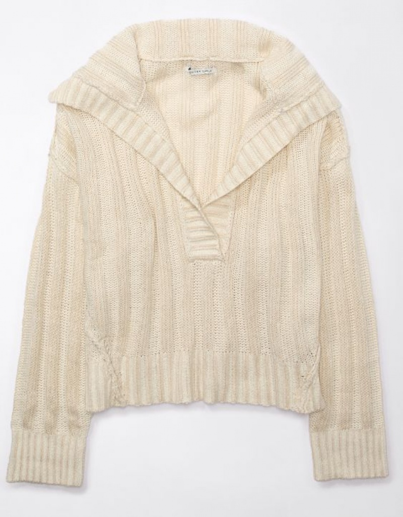 Aerie Collared Pullover Sweater Cream | TLW-679452