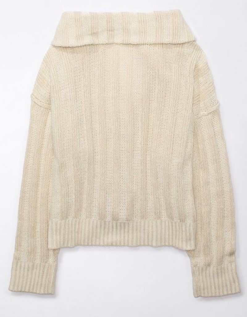 Aerie Collared Pullover Sweater Cream | TLW-679452