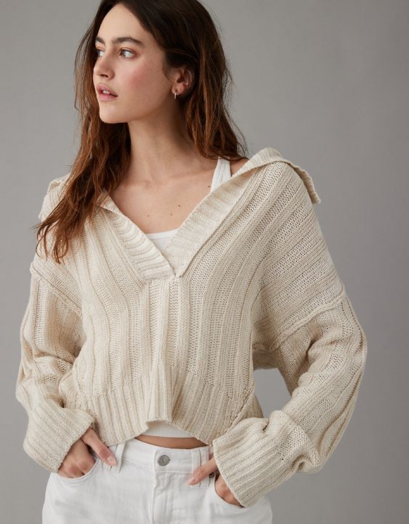 Aerie Collared Pullover Sweater Cream | TLW-679452