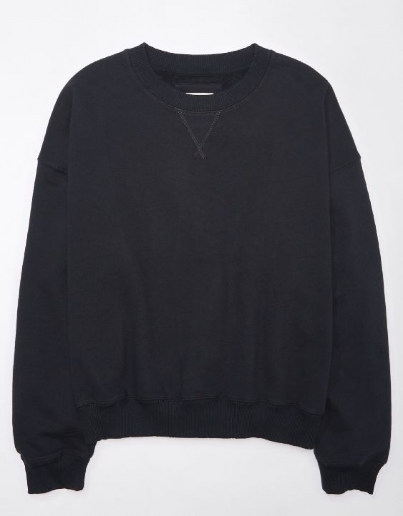 Aerie Crew Neck Fleece Sweatshirts Black | SCT-586197