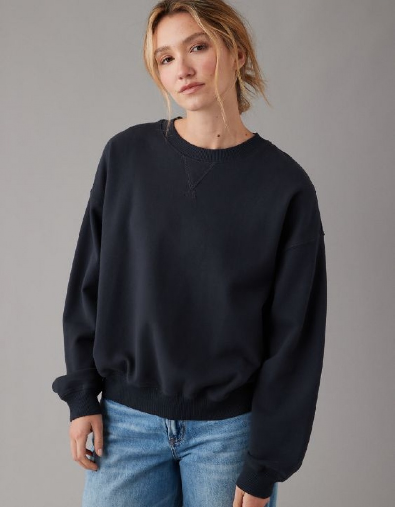 Aerie Crew Neck Fleece Sweatshirts Black | SCT-586197