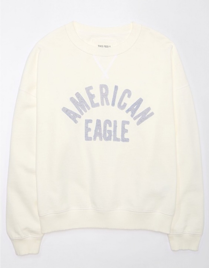 Aerie Crew Neck Graphic Fleece Sweatshirts White | GTE-203971