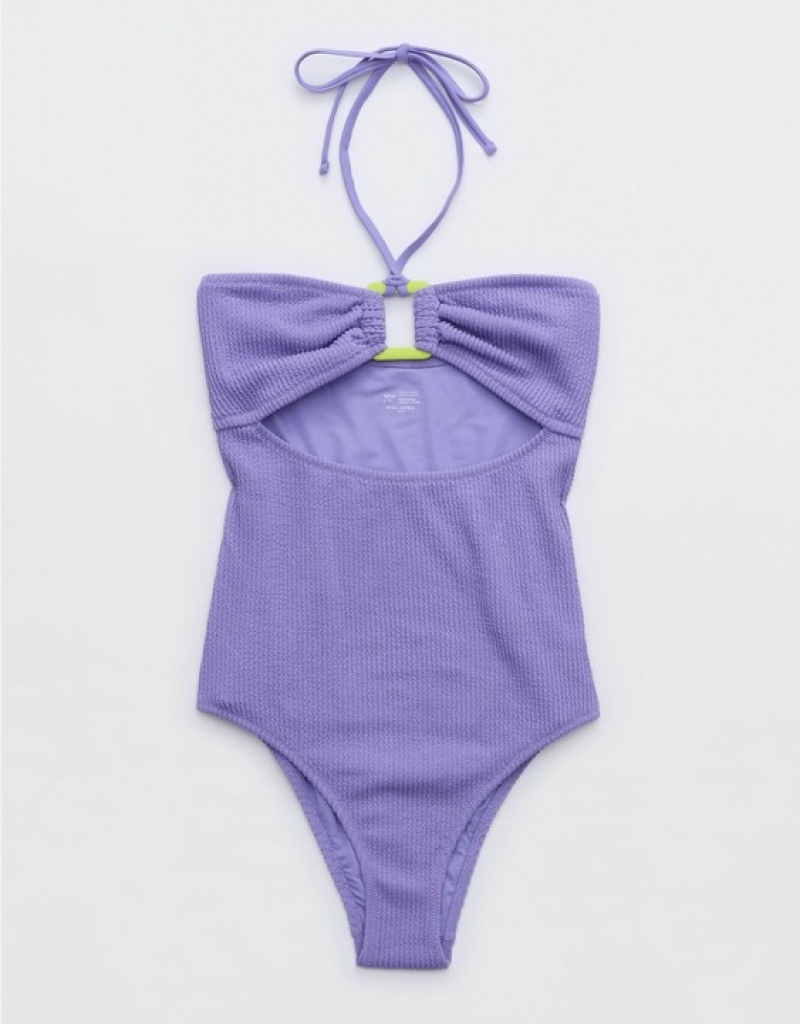 Aerie Crinkle Bandeau One Piece Swimsuits Purple | BXI-285094