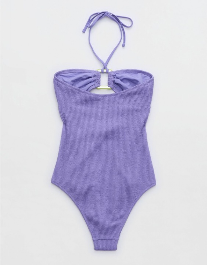 Aerie Crinkle Bandeau One Piece Swimsuits Purple | BXI-285094