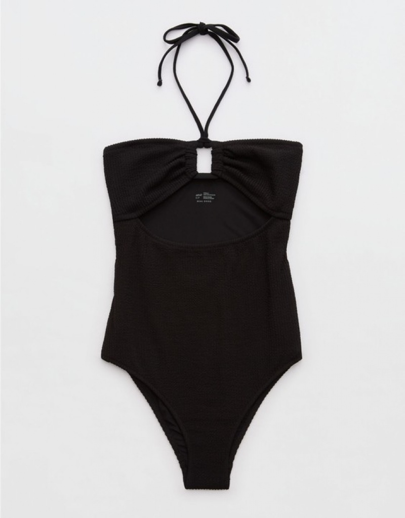 Aerie Crinkle Bandeau One Piece Swimsuits Black | GWT-924638