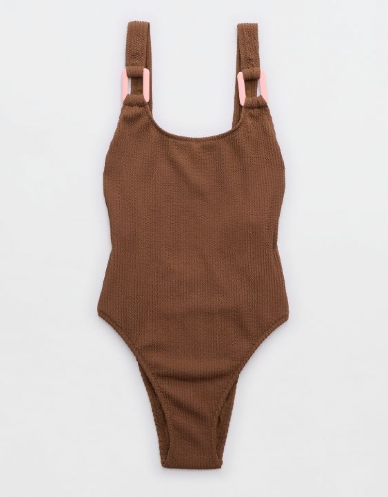 Aerie Crinkle Birthday Scoop One Piece Swimsuits Dark Brown | ZOE-649851