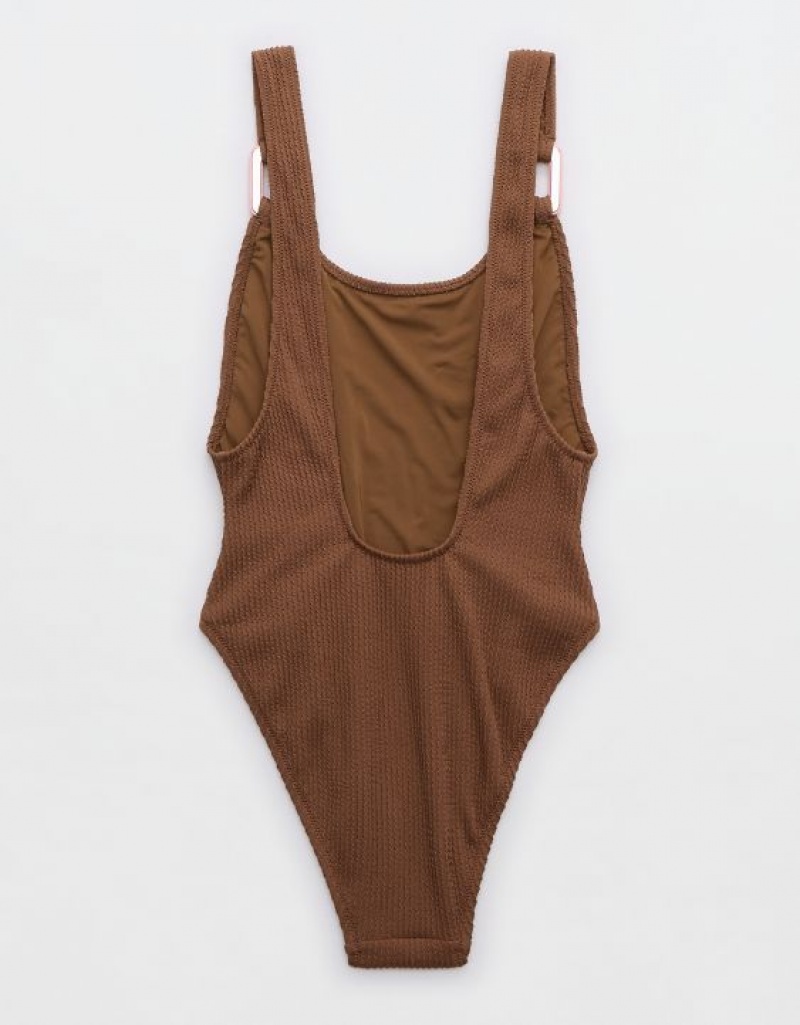 Aerie Crinkle Birthday Scoop One Piece Swimsuits Dark Brown | ZOE-649851