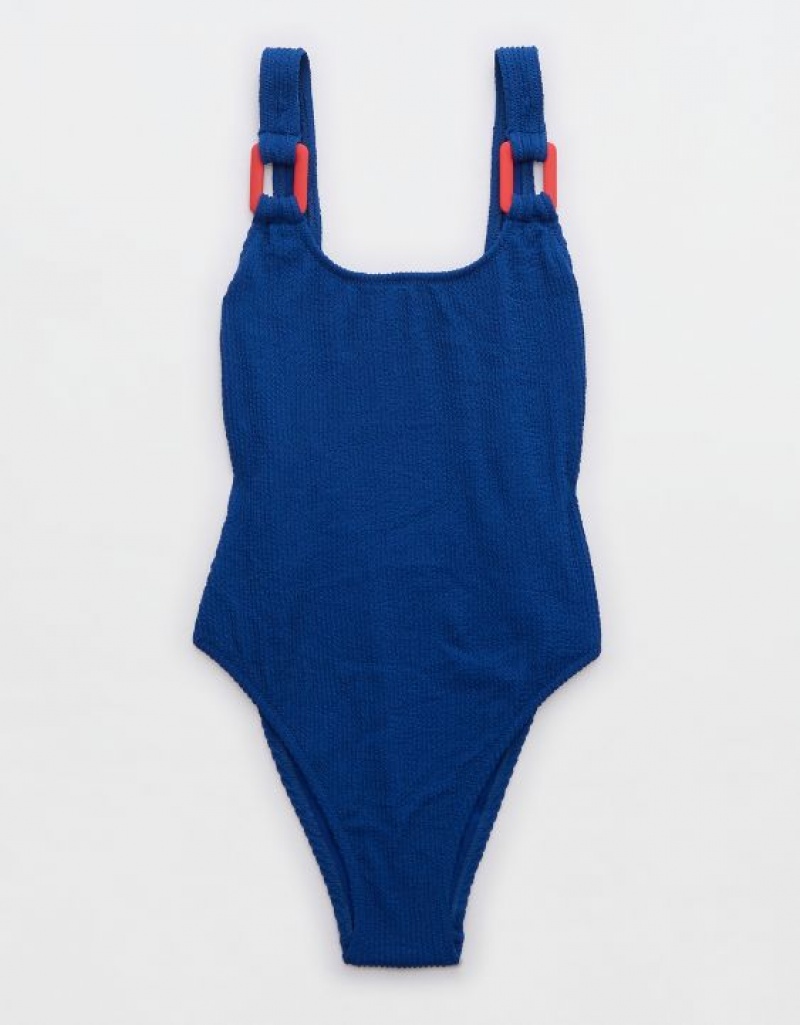 Aerie Crinkle Birthday Scoop One Piece Swimsuits Blue | KNM-342186