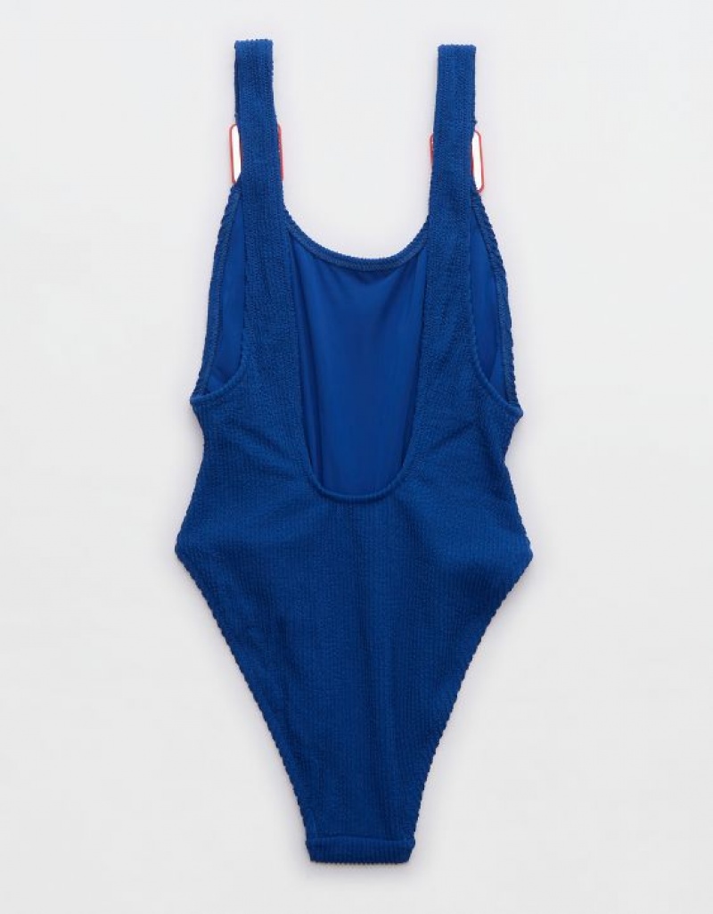 Aerie Crinkle Birthday Scoop One Piece Swimsuits Blue | KNM-342186