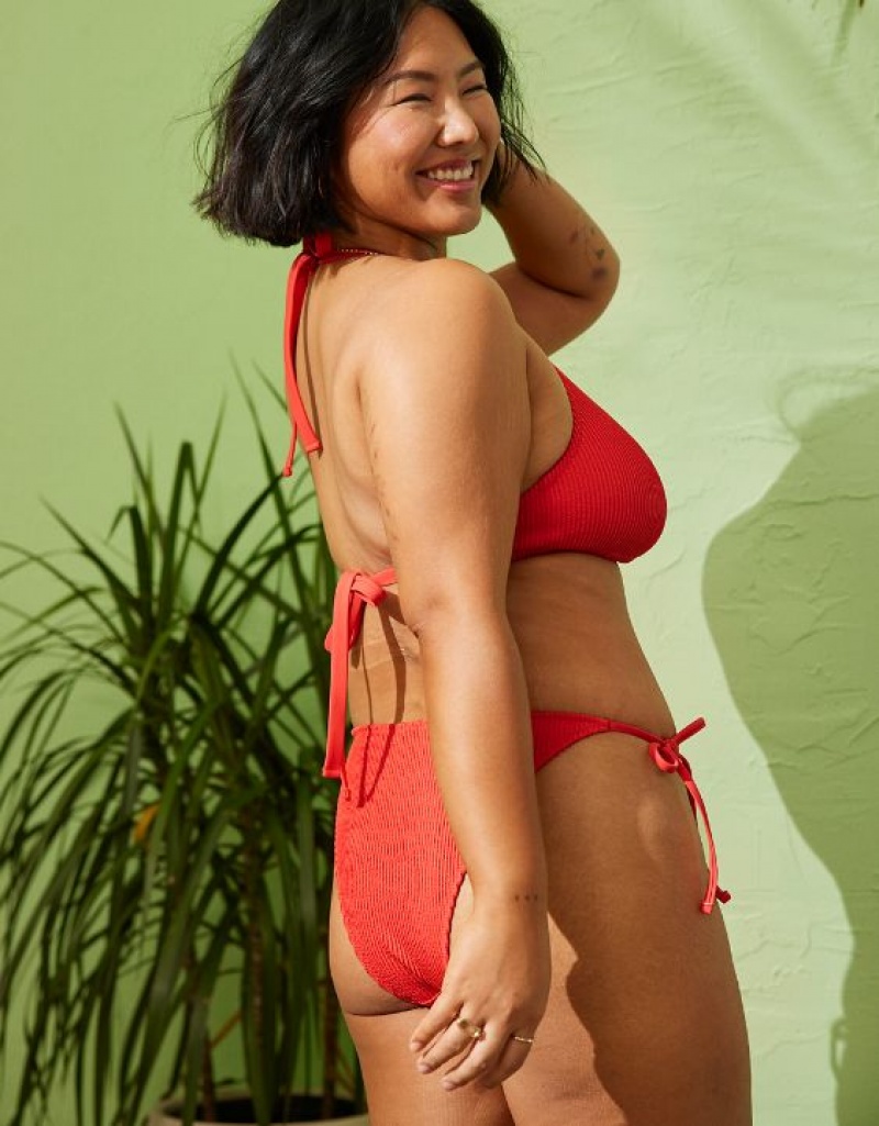 Aerie Crinkle Cheekiest Tie Bikini Bottom Red | ENI-539680