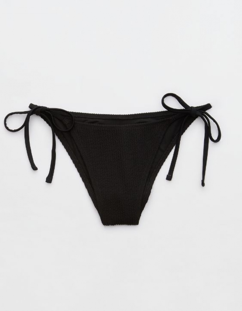 Aerie Crinkle Cheekiest Tie Bikini Bottom Black | HDO-409763