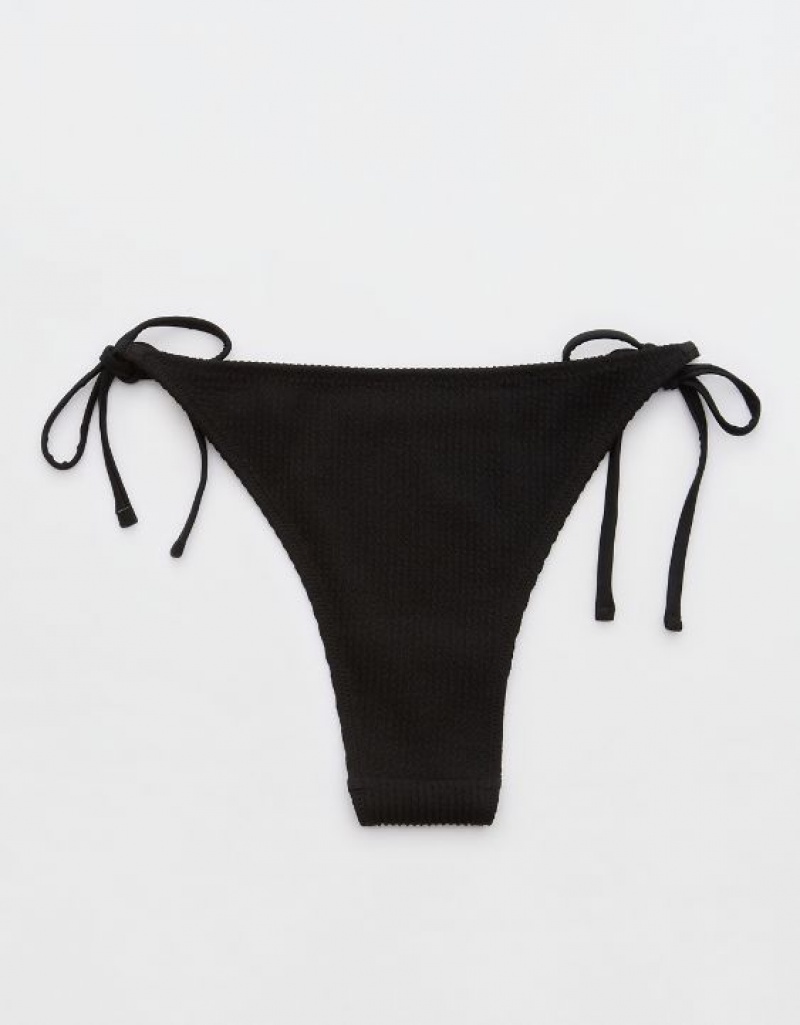 Aerie Crinkle Cheekiest Tie Bikini Bottom Black | HDO-409763