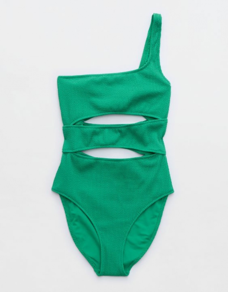 Aerie Crinkle Cut Out One Shoulder One Piece Swimsuits Green | HBG-974015