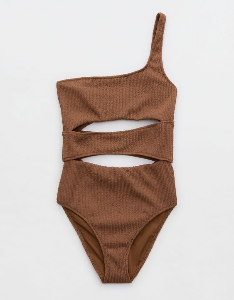 Aerie Crinkle Cut Out One Shoulder One Piece Swimsuits Dark Brown | TLM-843251