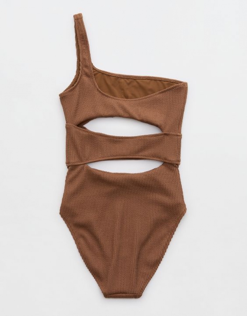 Aerie Crinkle Cut Out One Shoulder One Piece Swimsuits Dark Brown | TLM-843251