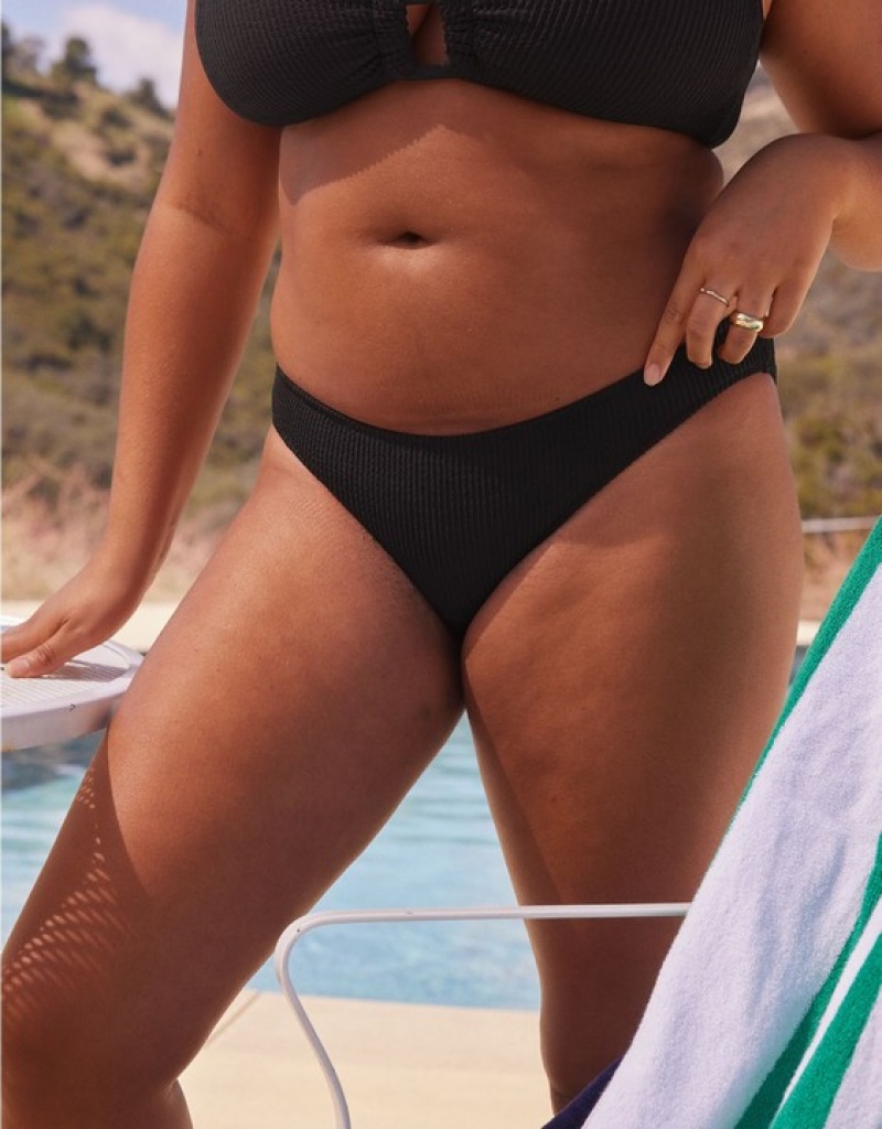 Aerie Crinkle Full Coverage Bikini Bottom Black | FVW-420913