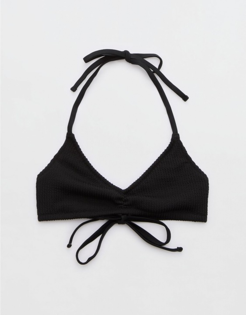 Aerie Crinkle Halter Voop Bikini Top Black | KAR-065327