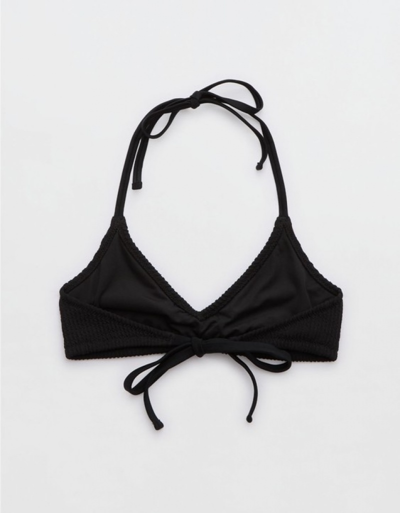 Aerie Crinkle Halter Voop Bikini Top Black | KAR-065327