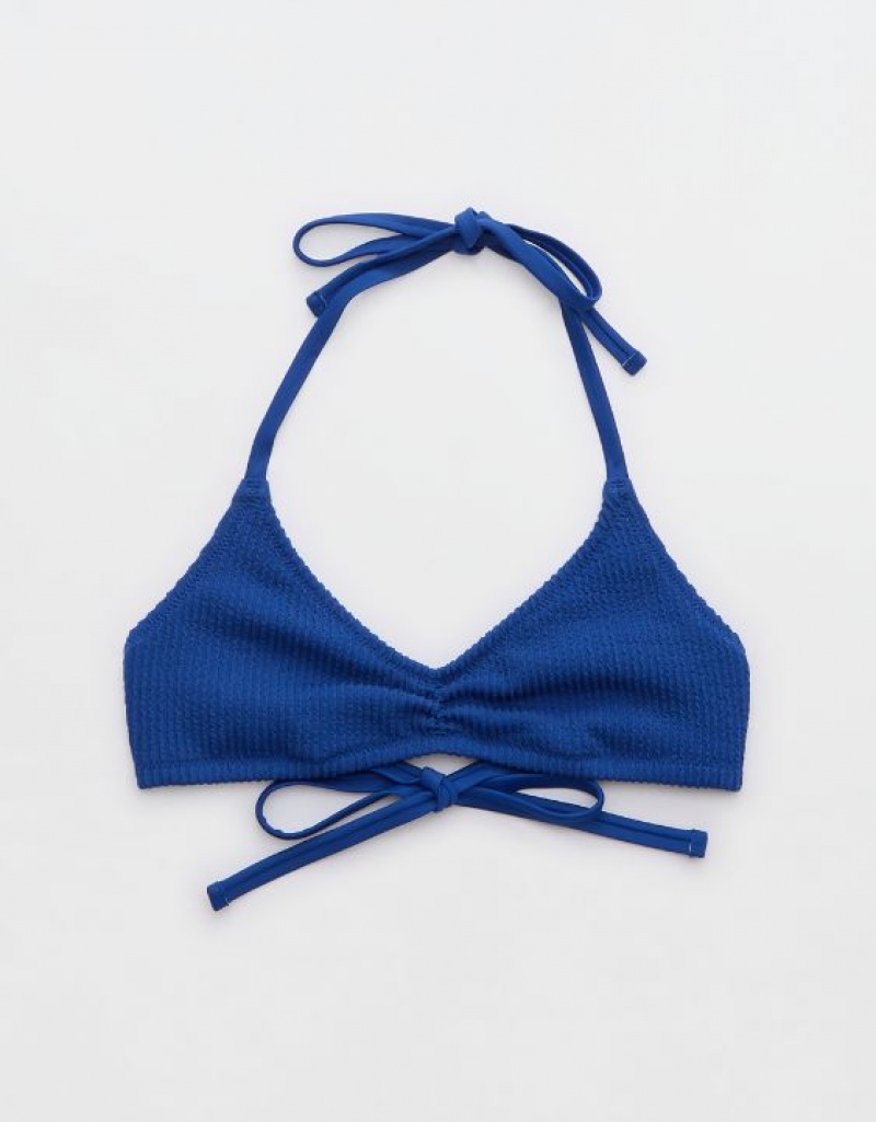 Aerie Crinkle Halter Voop Bikini Top Blue | FWM-628179