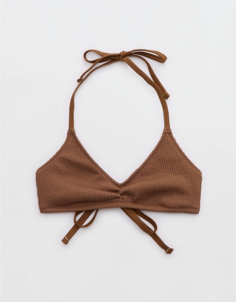 Aerie Crinkle Halter Voop Bikini Top Dark Brown | FTM-046913