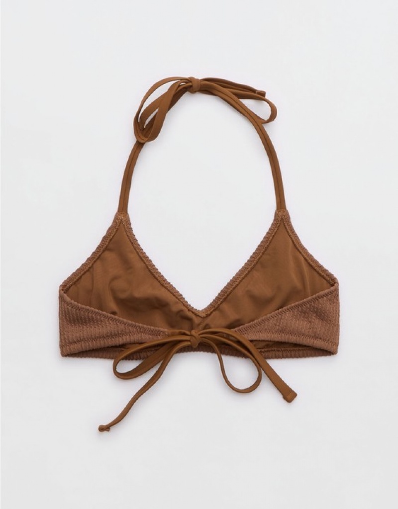 Aerie Crinkle Halter Voop Bikini Top Dark Brown | FTM-046913