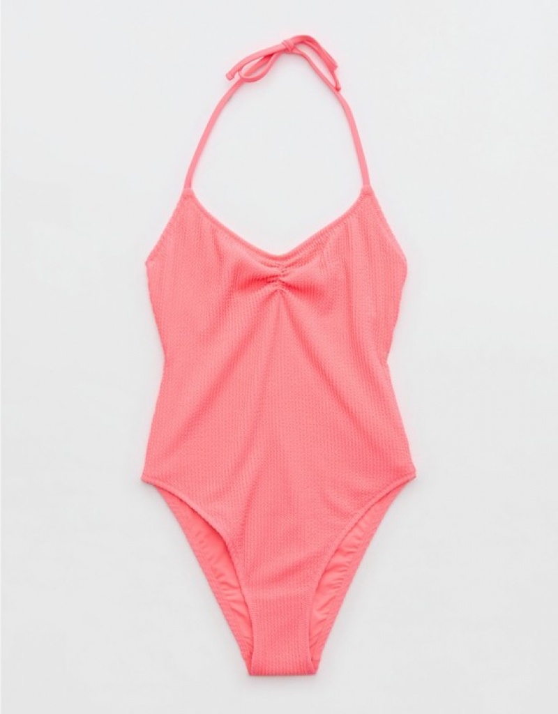 Aerie Crinkle Halter Voop One Piece Swimsuits Coral / Orange | ZIC-497183