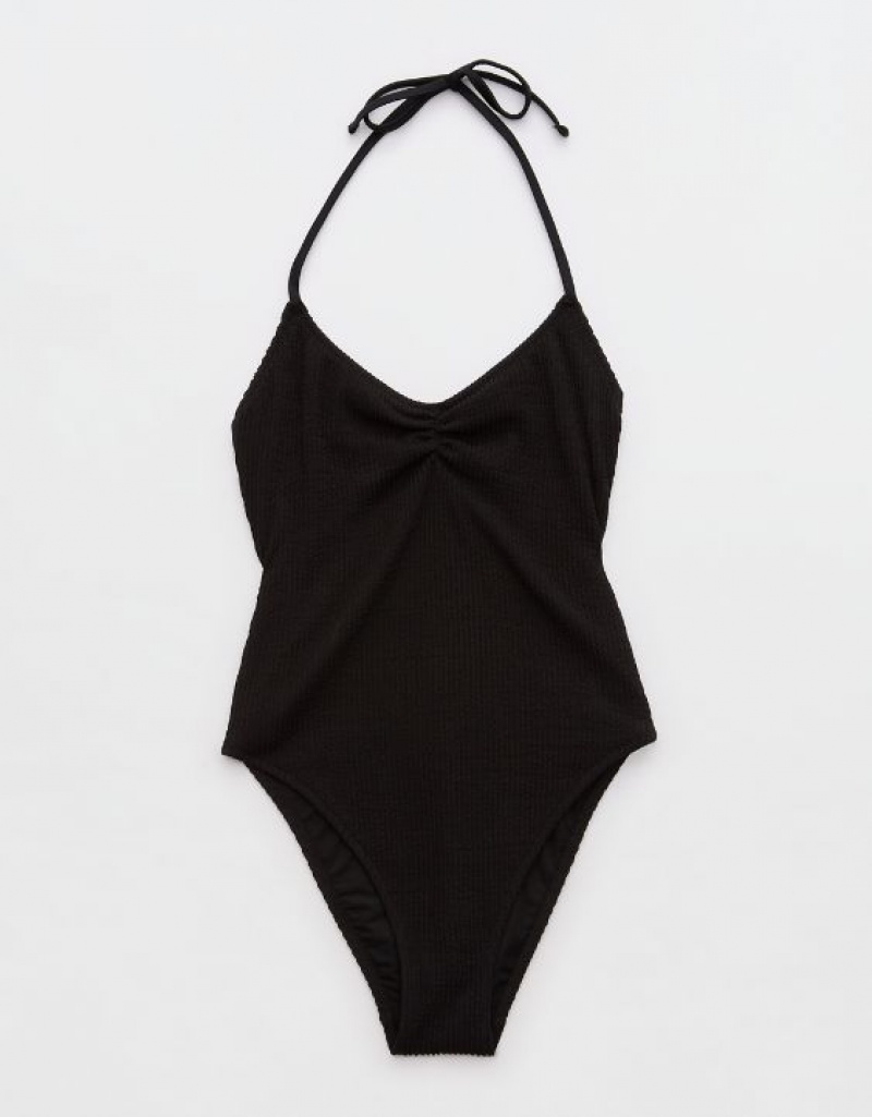 Aerie Crinkle Halter Voop One Piece Swimsuits Black | NBZ-619835