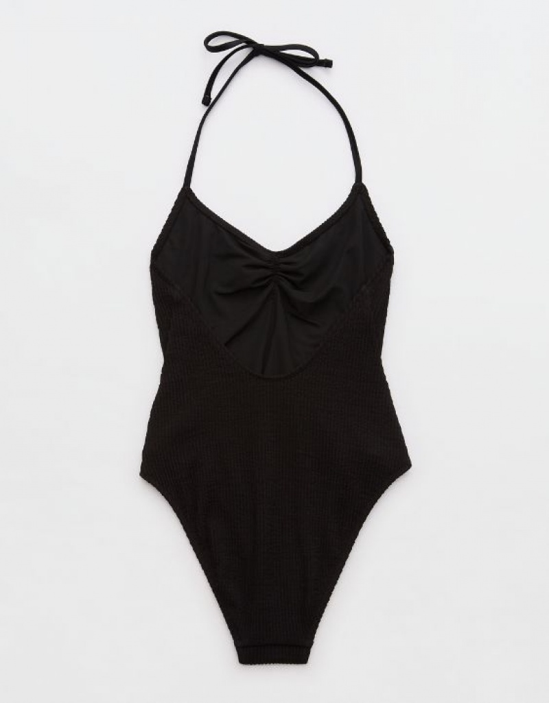 Aerie Crinkle Halter Voop One Piece Swimsuits Black | NBZ-619835